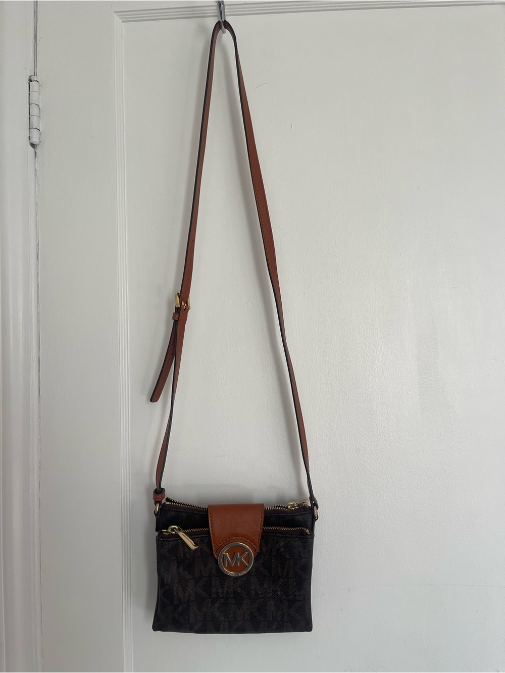 Michael Kors Brown Logo & Tan Leather Crossbody Bag